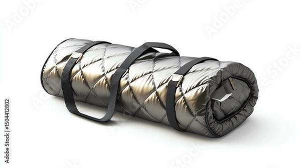 Fototapeta A stylish, rolled-up camping blanket with sleek straps, perfect for outdoor adventures. Ideal for picnics, camping trips, or travel enthusiasts seeking comfort and warmth.