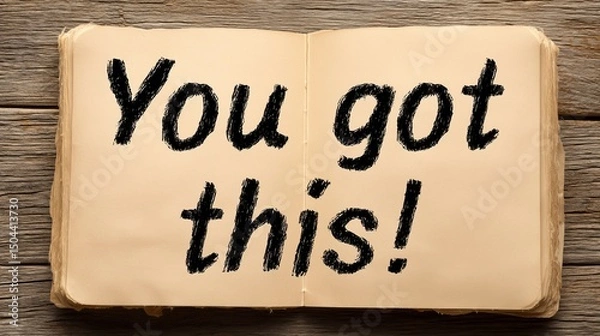 Fototapeta Open book displays motivational phrase " got !" on aged textured paper over wooden surface