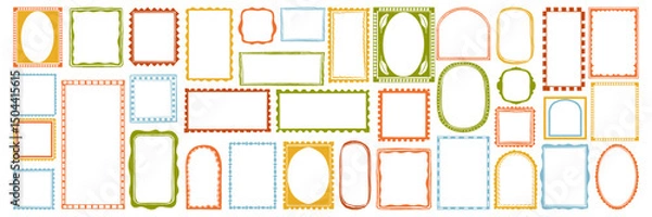 Fototapeta Wavy wedding frame set, vector hand drawn geometric border, simple trendy doodle ornamental stamp. Square arch oval shape empty banner, modern summer minimal decor design. Wavy frame print collection