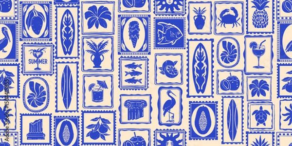 Fototapeta Exotic summer seamless pattern, coastal Mediterranean mosaic repeat background, travel surf print. Tropical abstract blue texture, hand drawn ocean tile decoration banner. Aloha beach summer pattern