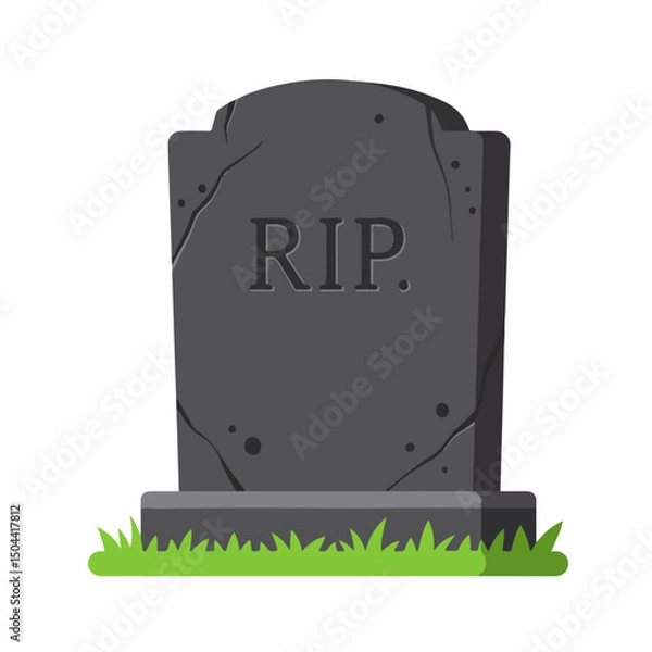 Fototapeta Grave tombstone with rip inscription and grass. Dark grey headstone rests on simple base, surrounded by small patches of green grass. This somber image is ideal for Halloween, creating a spooky atmosp