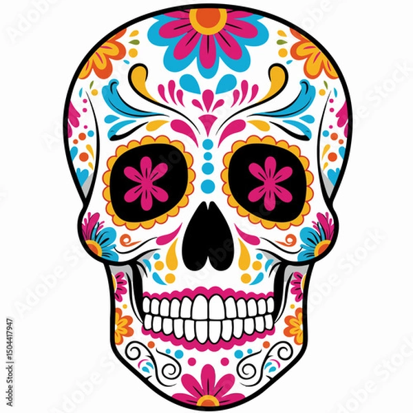Fototapeta Colorful sugar skull illustration. Festive sugar skull design with bright flowers and swirls. Detailed sugar skull image perfect for Dia de Muertos celebration invitations and announcements.