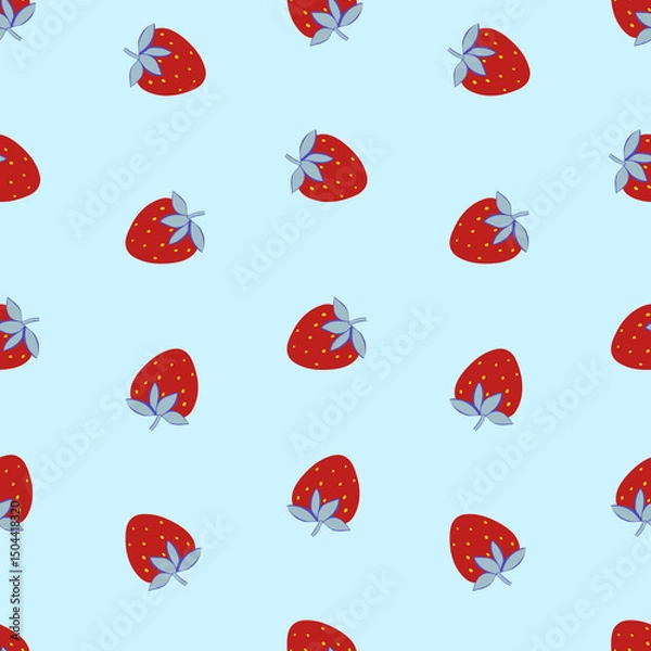 Fototapeta Seamless pattern with red strawberry and blue leaf. Playful summer fruit design with simple shapes. Perfect for fabric, wallpaper, wrapping, stationery, packaging and decor.