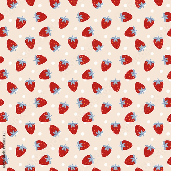 Fototapeta Seamless pattern with red strawberry and blue leaf. Playful summer fruit design with simple shapes. Perfect for fabric, wallpaper, wrapping, stationery, packaging and decor.