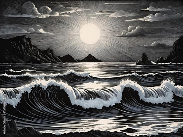 Obraz Monochrome illustration of a dramatic seascape with crashing waves under a glowing full moon, surrounded by clouds and rugged cliffs.