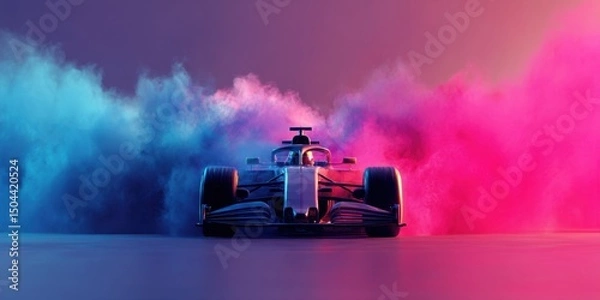 Fototapeta A sleek formula car speeds forward, leaving a vibrant trail of colorful smoke in its wake. The dynamic composition captures the essence of racing and excitement.
