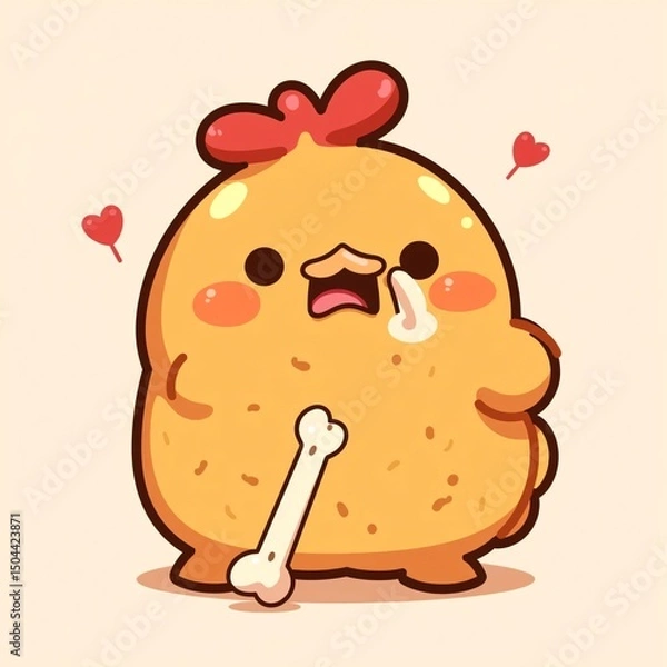 Fototapeta Cute Cartoon Chicken Character with a Bone and Hearts