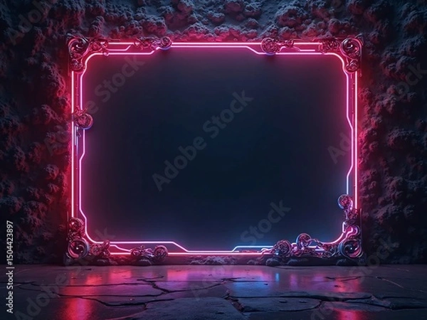 Fototapeta Neon Frame on Textured Wall with Futuristic Design Element