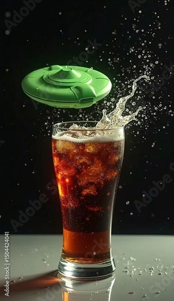 Fototapeta Refreshing Soda Splash with Fun Green UFO Toy on Dark Background