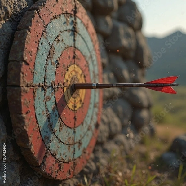 Fototapeta Arrow Hitting Target with Colorful Bullseye on Stone Background