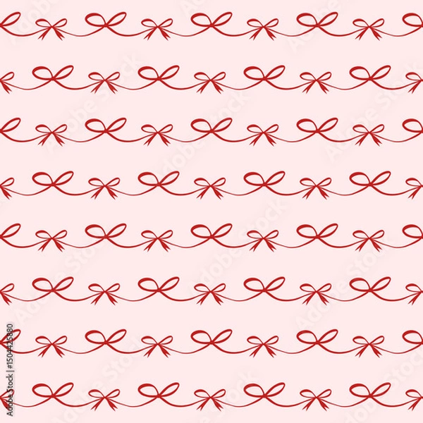 Fototapeta Seamless pattern with red ribbon bow and wavy line garland. Elegant and festive linear design. Perfect for wrapping, wallpaper, fabric, stationery, gift decor, and seasonal surface design.