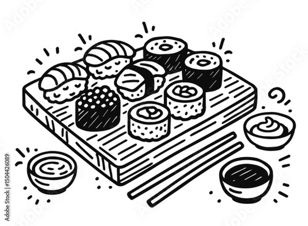 Fototapeta Illustration of sushi on a table, with sauces and wasabi. Vector doodle illustration, isolated on white background