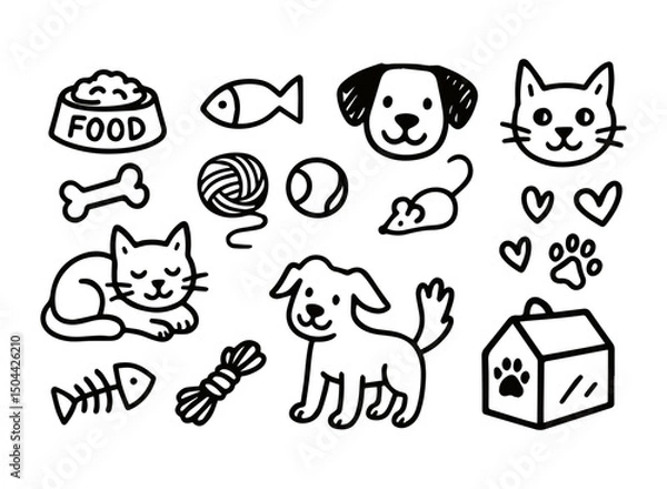 Fototapeta Vector set of pets in doodle style. Hand drawn. Pet accessories elements: bone, paw, leash, food, cat and dog