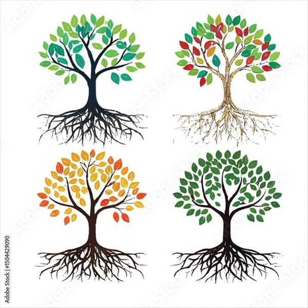 Fototapeta abstract colorful tree with roots set of tree wit.