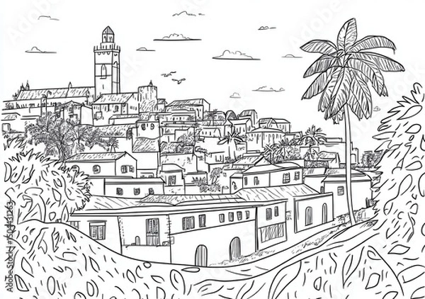 Obraz Hand-drawn Sketch of a Hilltop Town with Palm Tree