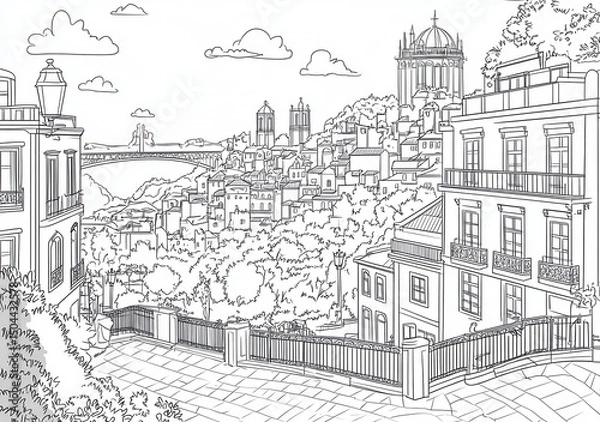 Obraz Panoramic Sketch of a Hilltop Cityscape
