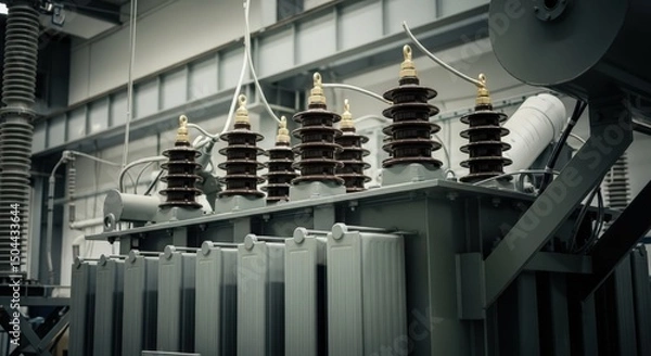 Fototapeta High voltage electrical transformer with insulators and cooling fins for industrial power station and modern energy infrastructure concept.