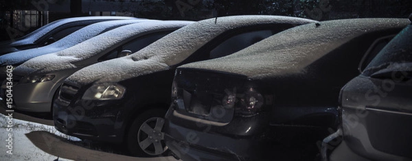 Fototapeta Close-up of several cars covered in light snow overnight.