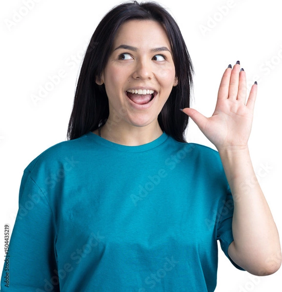 Fototapeta Smiling woman  raised her hand palm up and forward like waving.