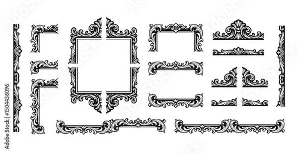 Fototapeta Set of vintage photo frame elements. Hand drawn Victorian retro style. Vector illustration isolated on white