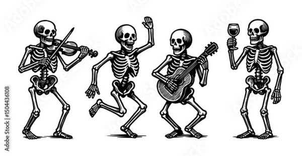 Fototapeta Set of skeletons in sketch style, hand drawn