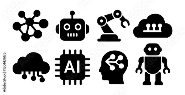 Fototapeta Artificial intelligence icons. Contains artificial intelligence chips, robotic heads, machine learning and automation symbols. Vector.