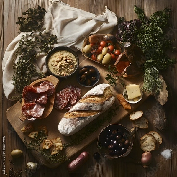 Fototapeta Spanish tapas on a wooden table, top view, copy space.