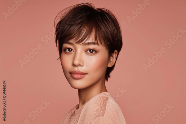 Fototapeta A soft and graceful Asian woman with a delicate pixie haircut slightly longer bangs, smooth side layers, and a natural brown hair color. Wearing a pastel blouse, glowing skin, and a warm gradient back