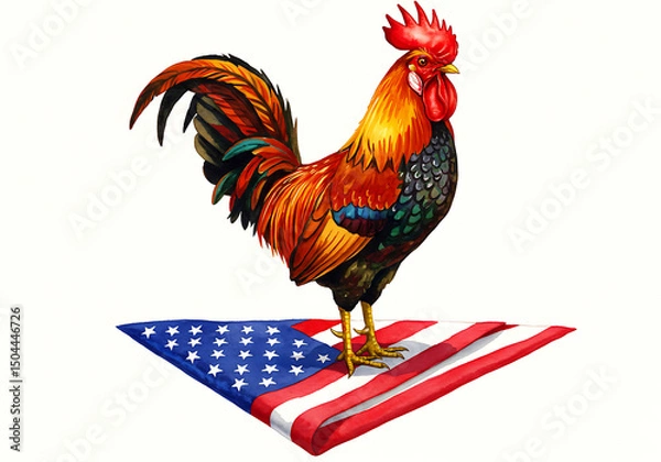 Fototapeta Colorful rooster standing on american flag isolated on white background