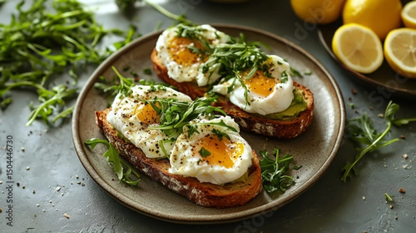 Obraz High-quality breakfast scene with artisanal avocado toast topped with perfectly poached eggs, garnished with fresh arugula