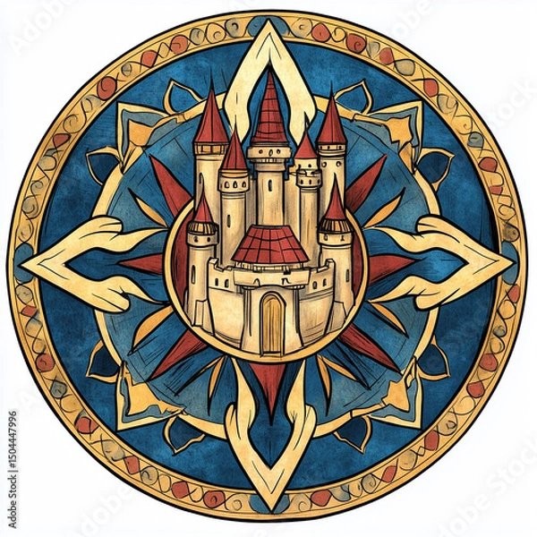 Fototapeta Castle surrounded by ornate patterns in a colorful mandala design  