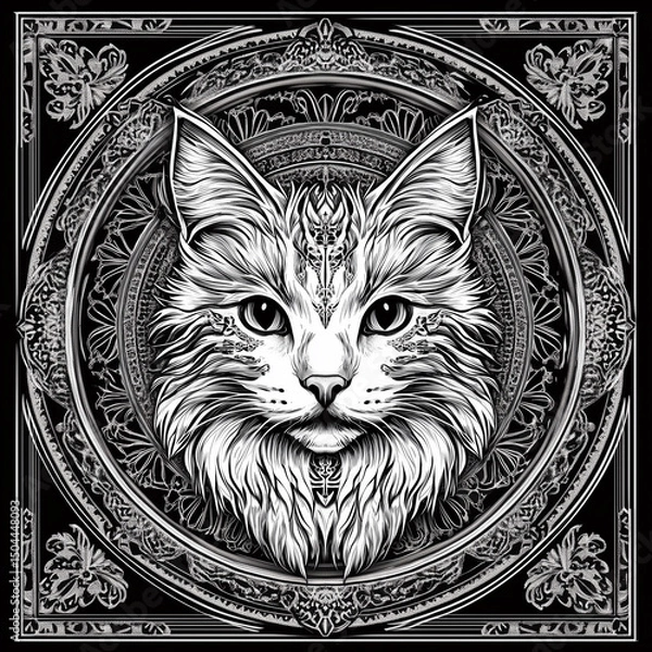 Fototapeta Intricate cat illustration within mandala pattern on black background  