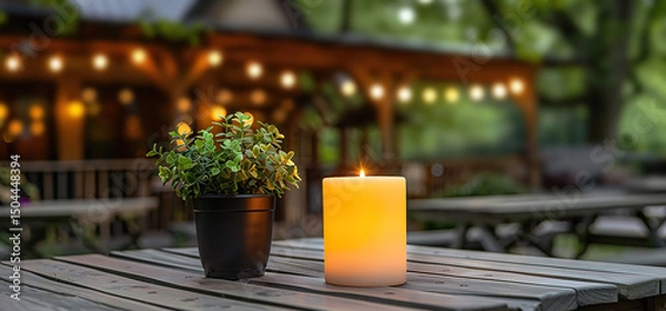 Obraz A lit candle and a potted plant on a wooden table at an outdoor cafe.  String lights and the cafe building are blurred in the background.