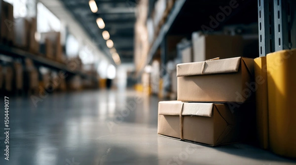Obraz Cardboard boxes stored on shelves within a spacious warehouse. 