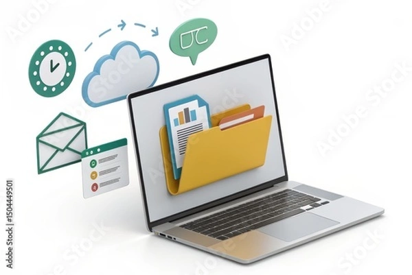Fototapeta Colorful Cloud Folder Icons on Laptop with Chat and Notification Elements