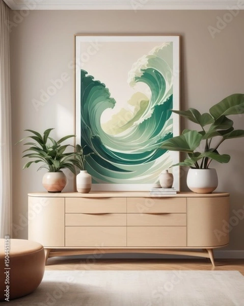 Fototapeta Large abstract wave print on beige wall,  with muted greens and  beige furniture.  Roomy, modern interior design