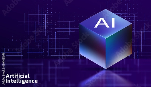 Obraz Artificial Intelligence 3D hi-tech cube Big Data machine learning server concept background light dots depth of field effect data sorting business server security HUD design element