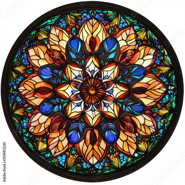 Obraz Stained glass rose window featuring colorful floral mandala design  