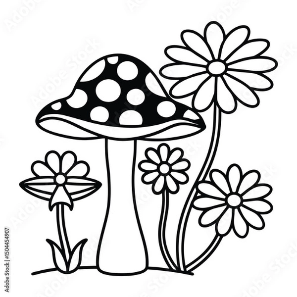 Obraz A vintage groovy mushrooms and flowers line art vector illustration on white background.