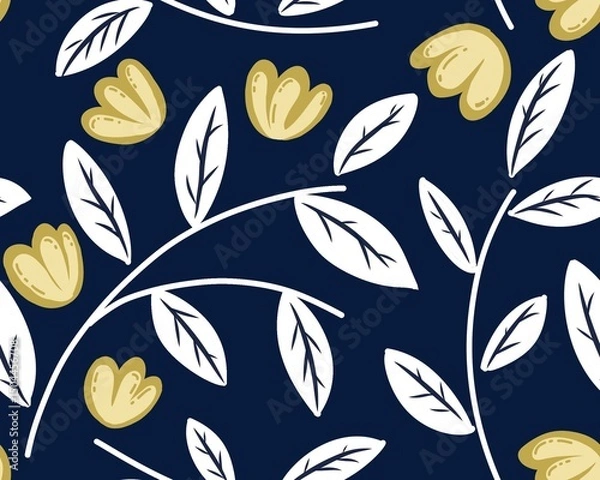 Obraz Seamless Floral Pattern with Yellow Flowers and White Leaves on Dark Blue Background