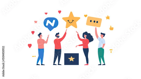 Fototapeta Diverse people giving positive and neutral feedback with star rating and chat icons in flat minimalist vector style customer review concept illustration
