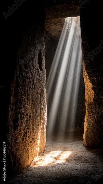 Obraz Sunlight streams through a narrow stone doorway, illuminating the interior of a cave-like space with a warm, mystical glow.