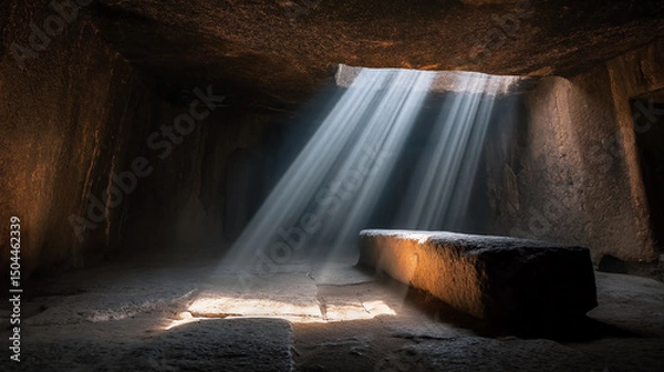 Fototapeta Sunlight streams through an opening, illuminating an ancient stone chamber with a single rectangular stone in the center.
