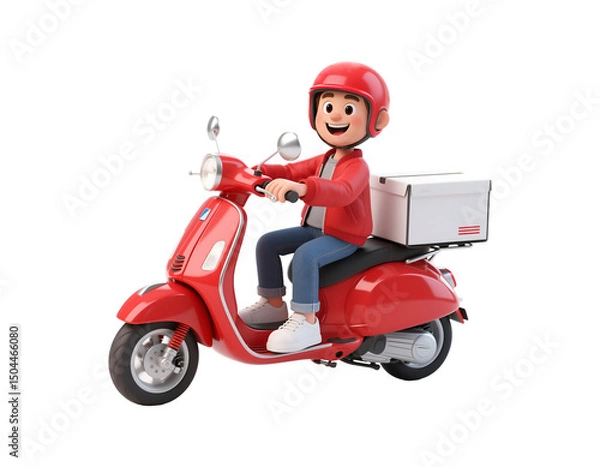 Fototapeta Cartoon delivery boy on red scooter isolated on transparent background