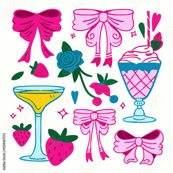 Fototapeta Cute Pink & Blue Bow Clipart: Drinks, Strawberries & Flowers