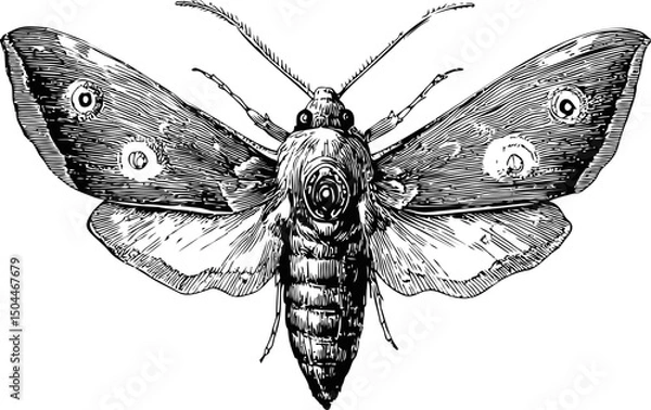 Fototapeta Intricately detailed black and white illustration of a moth with open wings. Vector illustration