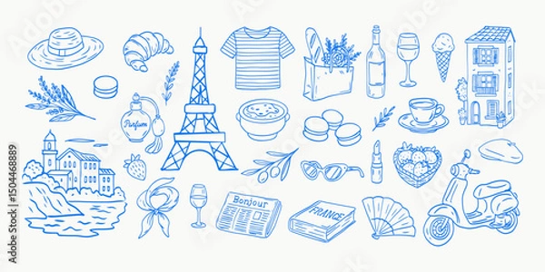 Obraz A blue and white drawing of various food and drink items, including a bottle of wine, a cup, a bowl, a spoon, a fork, a knife, a banana, a strawberry, a cupcake, a donut, a cake