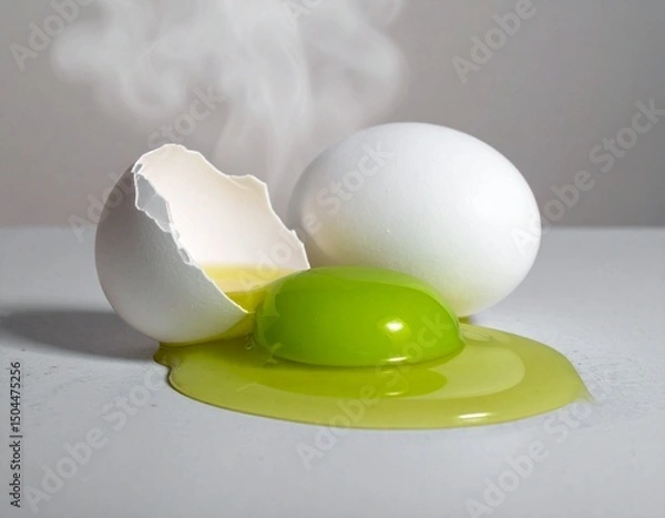 Obraz Green-Yolked Egg Still Life: An surreal egg with a vibrant green yolk spills from its cracked shell, a surreal and whimsical culinary still life against a soft background.