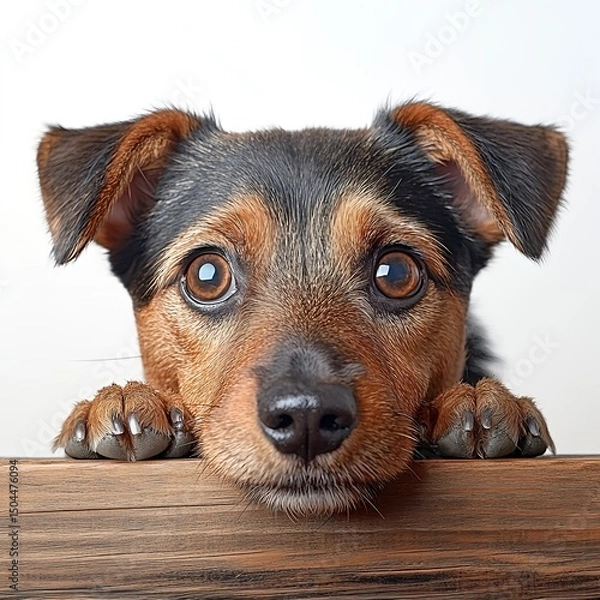 Obraz Adorable Dog With Sad Eyes Peeking Over Wooden Table, Looking Cute And Hopeful. Perfect For Pet-Related Themes And Emotional Depictions On Clear White Background