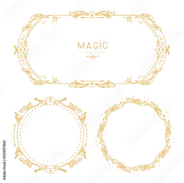 Fototapeta Set of modern magic witchcraft frames with floral elements and ornament. Line art decorative floral design. Vector illustration